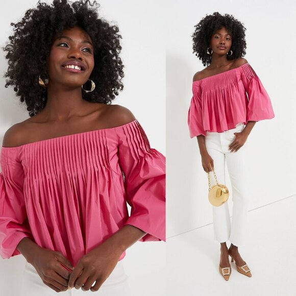 Tuckernuck Tops - Hyacinth House NEW Hot Pink Off the Shoulder Portia Pleated Blouse Size XS